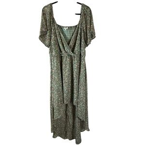 AUW Women’s 3X Maxi Dress Green Floral short sleeve hi low Plus Boho Cottage